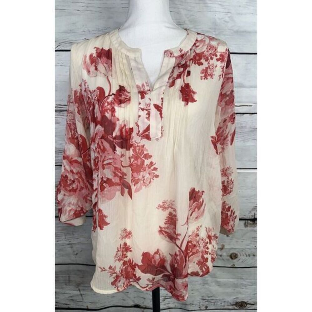 Creative‎ Commune Sheer Red White Floral Size Small 3/4 Sleeve Pullover Blouse